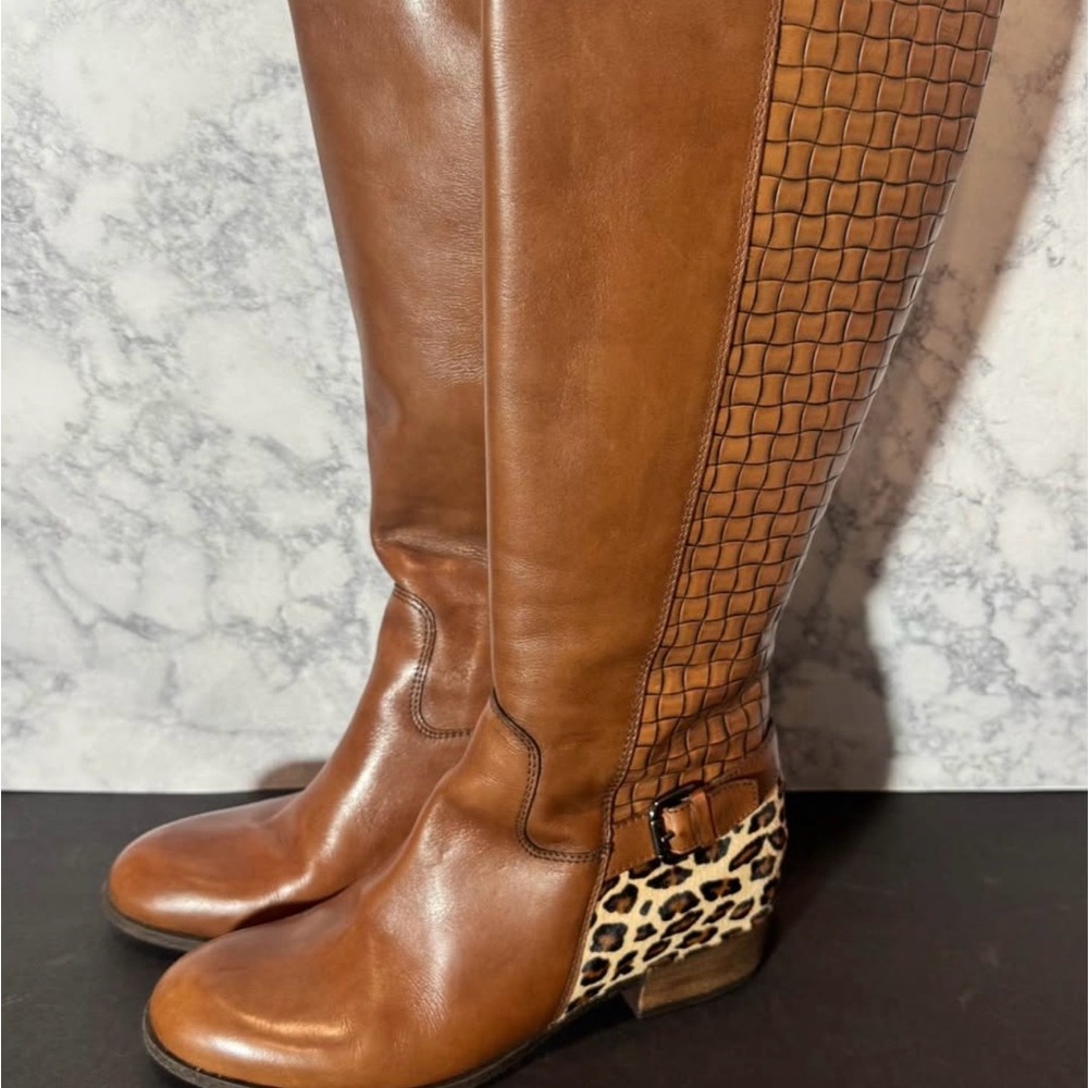 Sesto Meucci Brown Over the Knee Boots with Leopard Accent